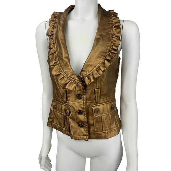 last kiss Jackets & Blazers - Last Kiss gold polyurethane button up vest v neck ruffles shiny Medium